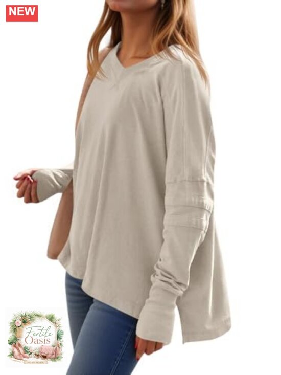 Tops - Womens Oversized Long Sleeve Tunic V Neck Tshirt Loose Fit Top with Thumb Holes
